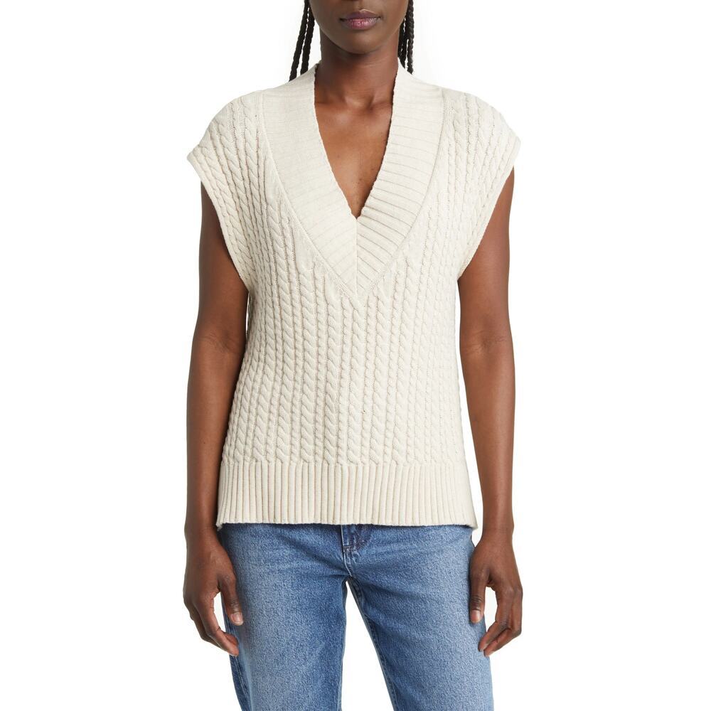 French Connection Mozart V Neck Cap Sleeve Jumper in Light Oatmeal Size M